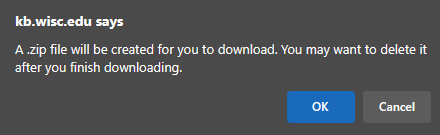 .zip file creation confirmation popup with buttons to confirm or to cancel