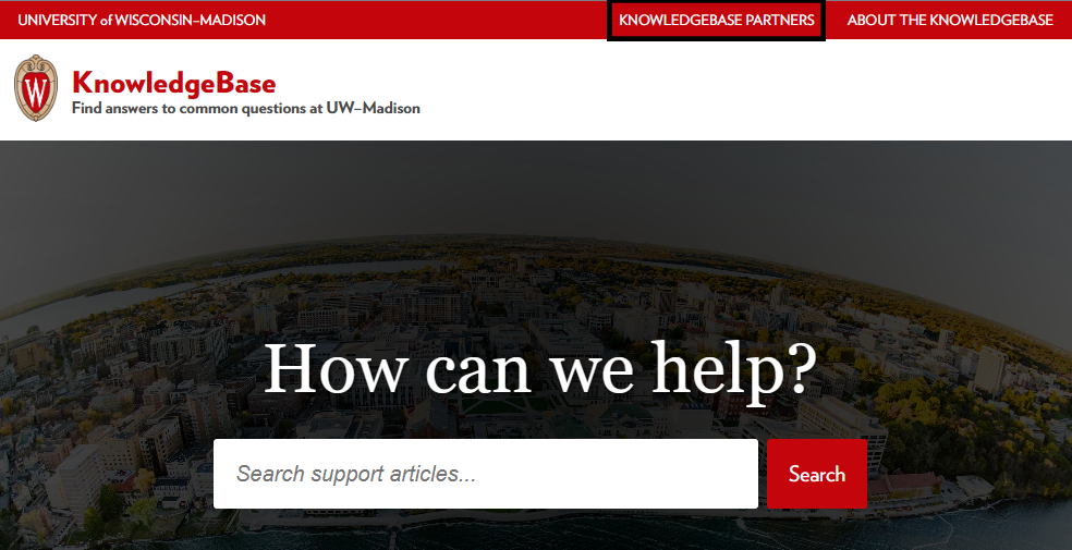 Screenshot identifying the Knowledgebase Partners link in the upper right section of the UW-Madison Unified KB site