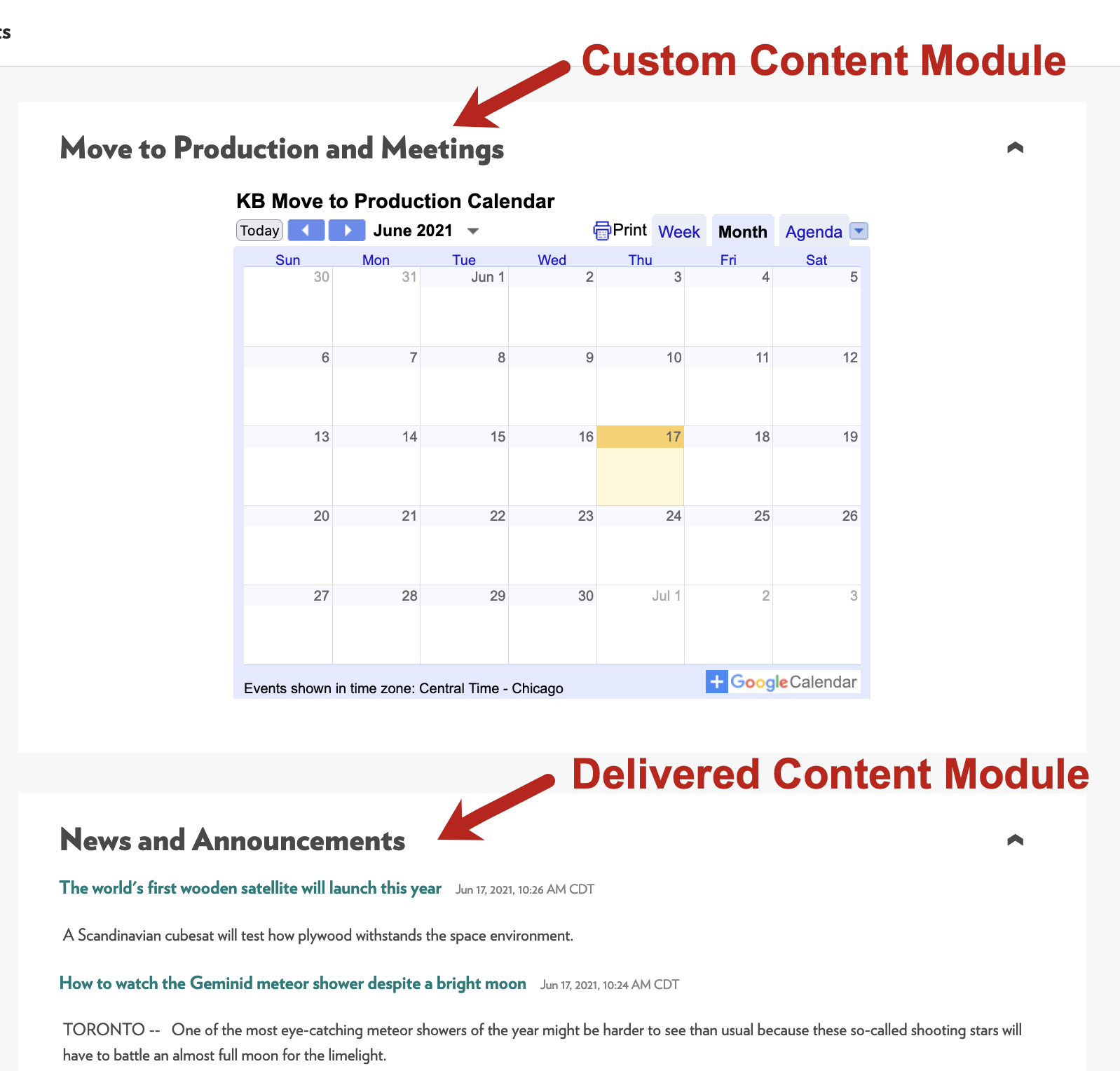 an example of live site sontent modules