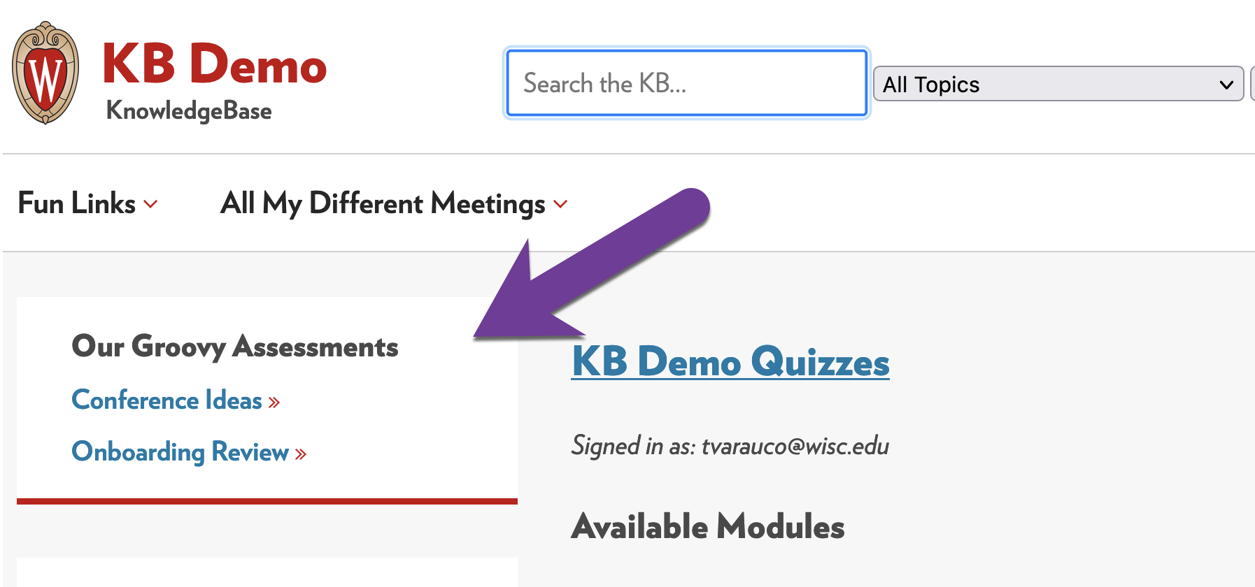 Image showing a custom side module that contains links to assessments