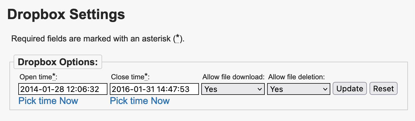 Screenshot showing the dropbox settings described below