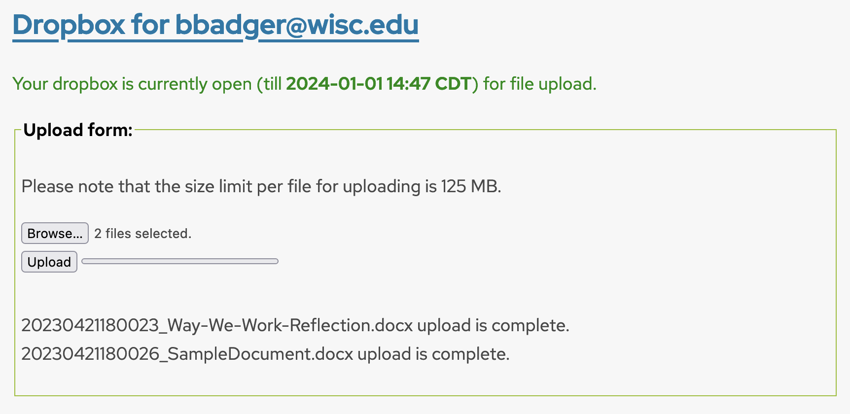 Screenshot showing the results of an upload. The names of the recently uploaded files can be seen below the Upload button.