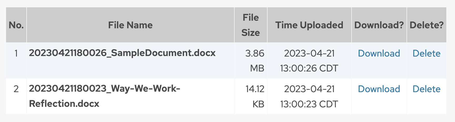 Screenshot showing a table with the same two files uploaded in the last step. There are two columns on the right with links to download and delete each file.