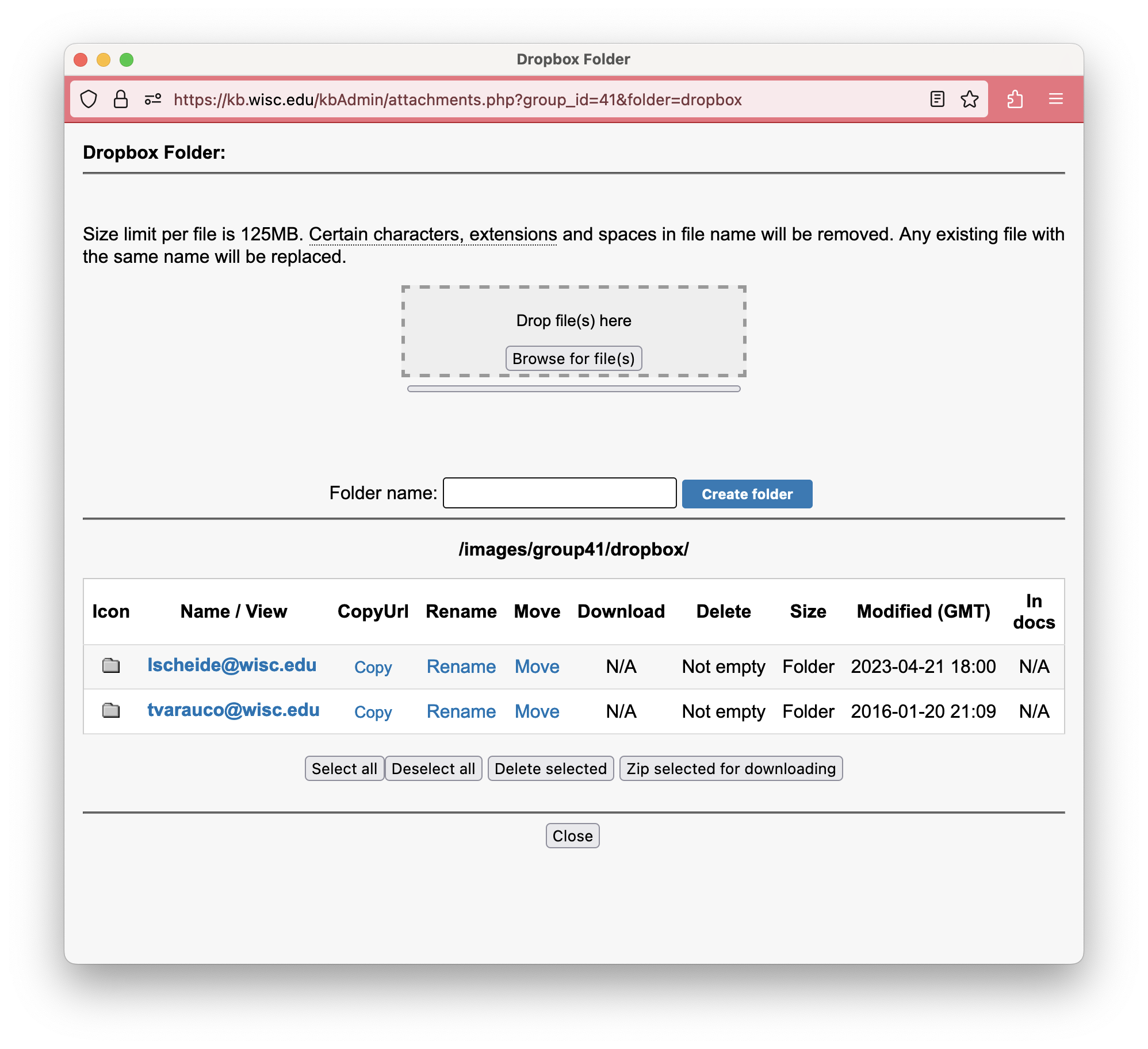 Screenshot showing the dropbox folder window, which contains folders for the users "lscheide@wisc.edu" and "tvarauco@wisc.edu"