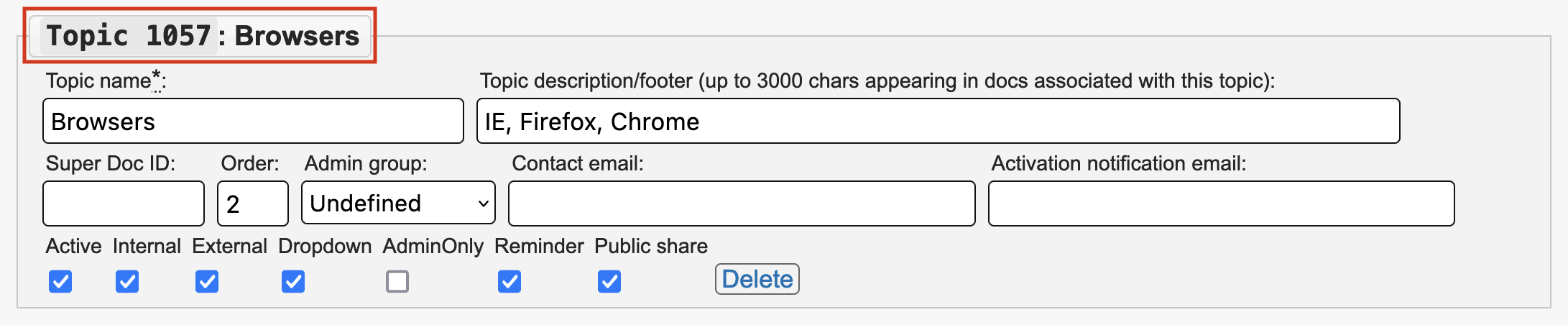 The legend for the individual topic fieldset will read "Topic" followed by a number, then a colon, then the topic name. The number is the Topic ID.