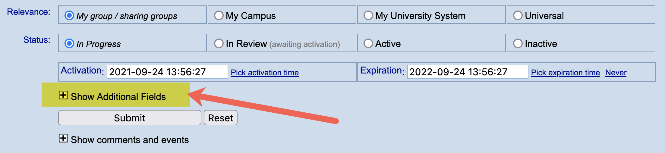 Show additional fields button located at the bottom of the document editor screen in the kb admin tools