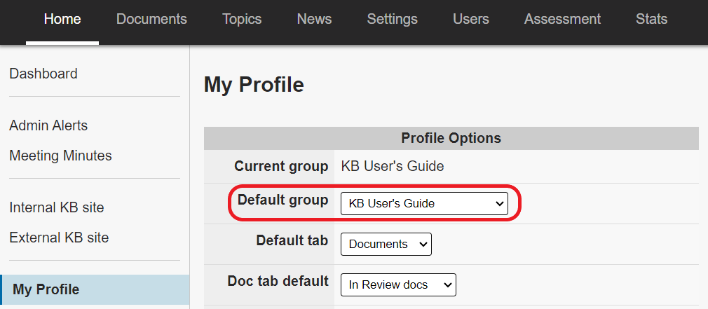 The My Profile screen. The Default group setting is circled in red.
